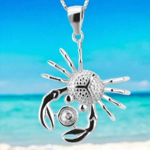 Genuine 925 Sterling Silver Mounting Akoya Pearl Crab Charm Pendant Necklace - Picture 1 of 7