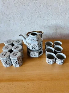 ⭐ Teeservice Teekanne, Becher, Stövchen, Teedosen weiß+braun achteckig Keramik - Bild 1 von 4