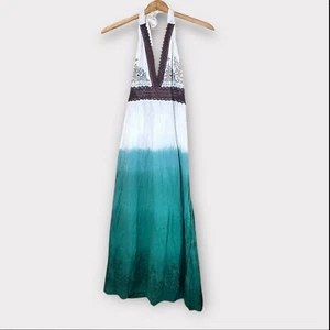 NWT Chaudry KC Boho White And Green Ombre Maxi Dress Halter Neck Lined Size M - Picture 1 of 10