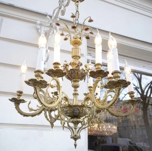 ANTIQUE CHANDELIER BRASS CHERUBS FIGUREs 12 LIGHTS Ø 27" - Picture 1 of 8