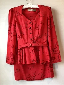 Vintage Liz Claiborne Dress 8 Red Power Suit Pencil Skirt Blazer Jacket Top Belt - Picture 1 of 11