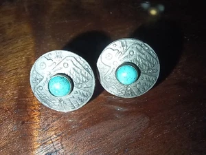 Vintage Turquoise Native American Bird Screw Back Sterling Silver Earrings  - Picture 1 of 2