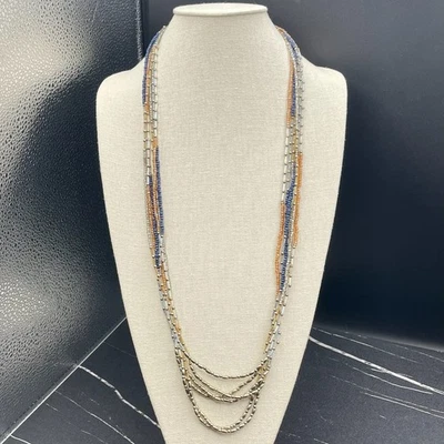 Collar de cuentas de vidrio de varias hebras tono plata con detalles azules y ámbar Y2K elegante Foto 1 de 4