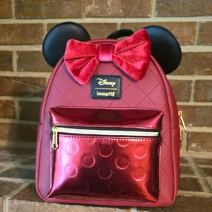 LOUNGEFLY DISNEY MINNIE MOUSE BURGUNDY VELVET BOW MINI BACKPACK - Picture 1 of 5