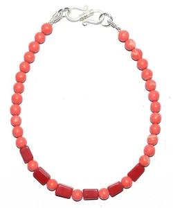 Red Coral Gemstone 4-5 mm Round-Box Beads 925 Fine Silver 7" Strand Bracelet H-5 - Picture 1 of 4