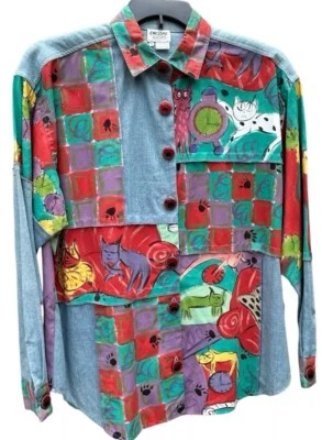 Винтажная 90-х ручная роспись Cat искусства Jean рубашка LGE Kitty котята джинсовой ткани лапа ремесленник - Изображение 1 из 4