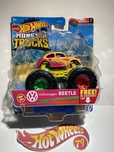 2021 HOT WHEELS MONSTER TRUCKS #21/75 VOLKSWAGEN BEETLE NEON SHOCKERS 1/64 VHTF - Picture 1 of 7