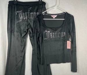Juicy Couture Velour Sleepwear Lounge Set Size Large Black Top + Flare Pants NEW - Picture 1 of 17