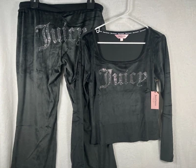Juicy Couture Terciopelo Ropa de Dormir Conjunto de Salón Talla Grande Negro Top + Pantalones Acampanados NUEVO Foto 1 de 4