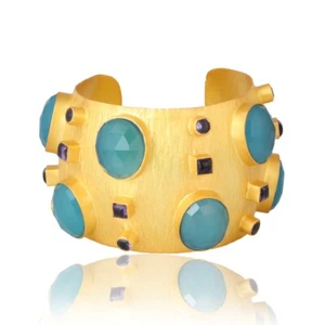 Gold Plated Chalcedony and Amethyst Cuff Bangle Multi Stone Openable Bracelet - Picture 1 of 5