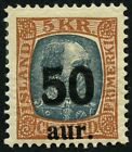 ISLAND 113 *, 1925, 50 A. auf 5 Kr. rotbraun/grau, Falzrest, Pracht