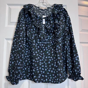 Ann Taylor Loft Peasant Blouse NWT Blue Floral Long Sleeve Ruffle Yoke Size M - Picture 1 of 16