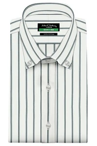 Mens John Clothier Black White Wide Stripes Button Down Polo Collar Formal Shirt - Picture 1 of 5