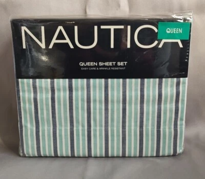 Nautica - Stripes (Blue/Teal/White) 4 Piece Queen Sheet Set - NIP - Image 1 of 3