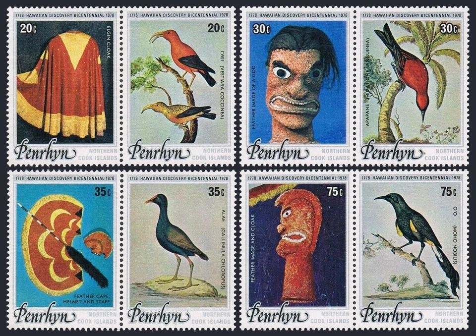 Penrhyn 93-96 ab pairs, MNH. James Cook, Hawaii-200, 1978. Birds, Artifacts. - Image 1 of 1
