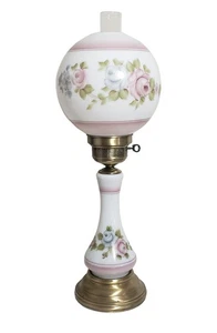 Vintage Round Globe Hurricane Lamp White w Pink and Blue Roses 25" - 27" Tall - Picture 1 of 14