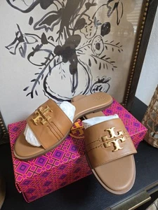 New Tory Burch Everly Calf Leather Gold Logo Slide Sandals 10 - Picture 1 of 4