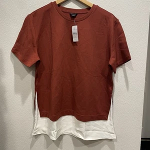 NWT Ann Taylor Mixed Media S/S Shirt Top Faux Layer Orange Ivory Colorblock SZ L - Picture 1 of 9
