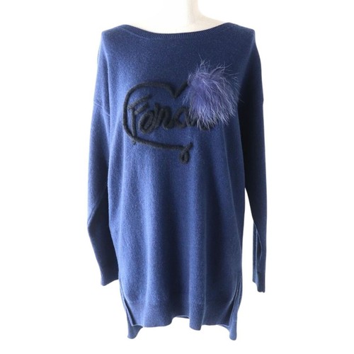 FENDI Logo Design con spacchi laterali in pelliccia di volpe manica lunga maglia cashmere 40 #EE BAA