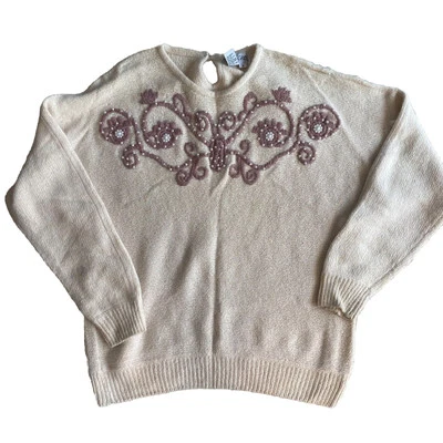 Suéter Suéter Andrea Gayle Bordado Seda S Angora Lana de Cordero Rubor Crema Años 70 Foto 1 de 4
