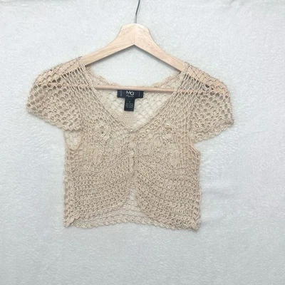 MG Originals Beige Crochet Open Front Short Sleeve Bolero Shrug Top Size S - Image 1 of 4