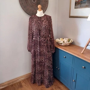 Brown Black Animal Leopard Print Long Maxi Chiffon Dress 18 Pleated New Tie Belt - Picture 1 of 13