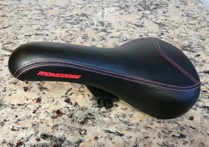 Mongoose Excursion Mountain Bike Seat Black Leather Red Lettering 10.75x6 in - Picture 1 of 5