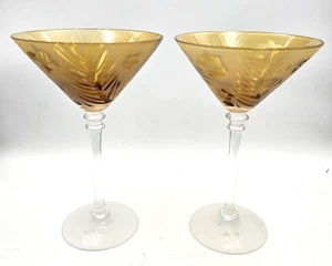 2 Michael Weems Tommy Bahama Etched Hibiscus Gold Martini Flutes Glasses - Picture 1 of 7