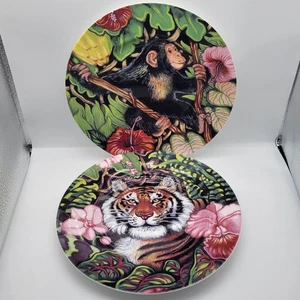 Set of 2 Fitz & Floyd Exotic Jungle Salad Plates 9.25" Tiger / Monkey Round Bone - Picture 1 of 6