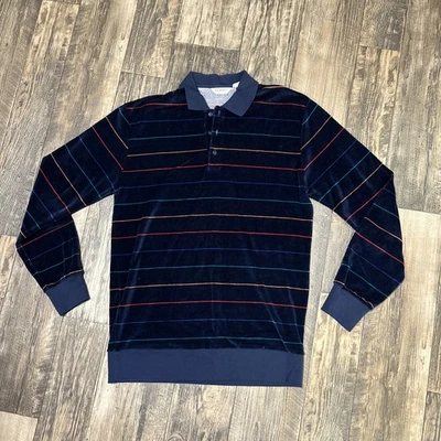 复古 80 年代丝绒长袖 Damon Tall Man LT 条纹蓝色四分之一纽扣 — 第 1/4 张图片