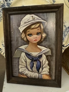 Impresión enmarcada original vintage BIG EYE Sailor Girl años 60 EDEN KEANE ERA arte MCM kitschy - Imagen 1 de 10