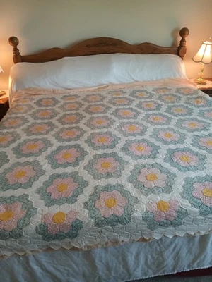 Vintage Grandmother's Flower Garden Quilt Top + Batting+ Backing - 68" x 72" - Image 1 of 4