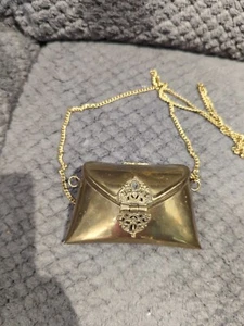 Vintage 1970's Retro Brass Miniature Pillow Purse Chain Necklace Hinged & Latch - Picture 1 of 5