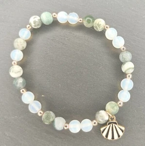 natural stone bracelet - 6mm Tree Agate & 6mm White Opal + gilded elements - Picture 1 of 2