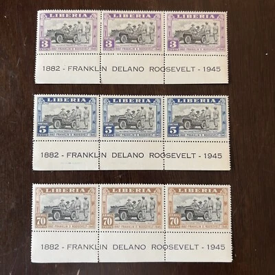 1945 LIBERIA LOT OF 3 MINT MNH STRIPS OF FRANKLIN D. ROOSEVELT STAMPS WITH TABS - Image 1 of 2