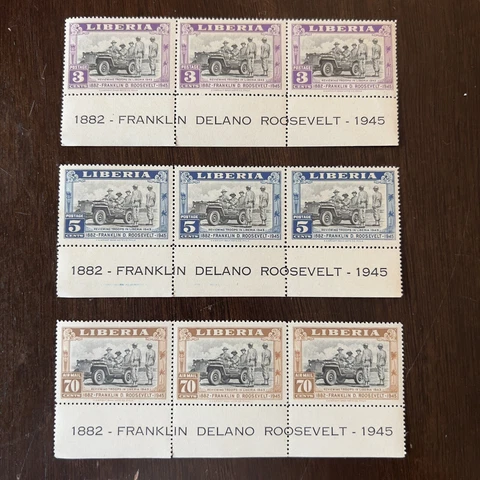 1945 LIBERIA LOT OF 3 MINT MNH STRIPS OF FRANKLIN D. ROOSEVELT STAMPS WITH TABS Cover