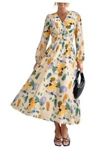 Women's 2024 Fall Boho Maxi Dress Casual Long Sleeve V XX-Large Green Floral - Picture 1 of 6