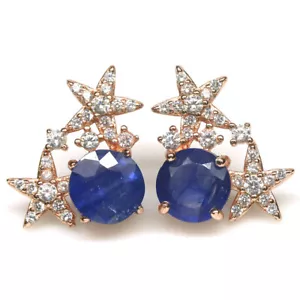 Gemstone Blue Sapphire & White Zircon Earrings 925 Silver Rose Gold Plated - Picture 1 of 4