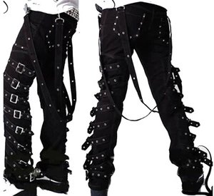 Mens Gothic Bondage Cyber Trousers Black Women Punk EMO Straps Pants - Foto 1 di 3