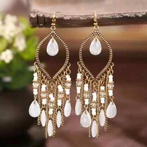 Dazzling Wedding White Gold Beaded Tassel Earrings - Chic Retro Style ✨FREE SHIP - Picture 1 of 3