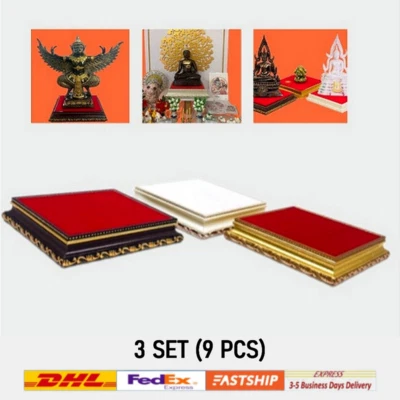 Juego de 3 soportes amuletos base Buda altar - tela de terciopelo rojo, tailandés hecho a mano por madera Foto 1 de 4