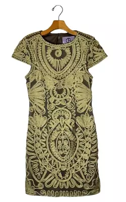 JS Collections Dress Women 6 Gold Cap Sleeve Embroidered Sheath Mini Cocktail - Image 1 of 4