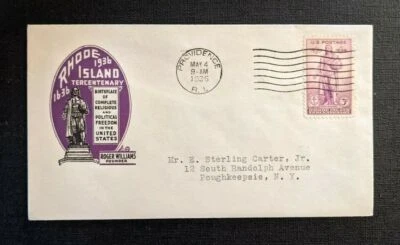 1936 Rhode Island Tercentenary FDC 777 49 Cover to Poughkeepsie New York - Image 1 of 2