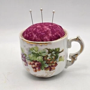 Germany Porcelain Mug Gold Gild Grapes Repurposed Stylish Pincushion w/Sharpener - Picture 1 of 10