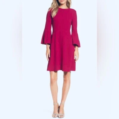 ELIZA J Pink Short Dress Bell Sleeve Mini Fit Flare Crew Scoop Neck Wedding 4 - Image 1 of 4
