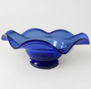 Vintage Hand Blown Art Glass Ruffle Pedestal Bowl Dish Cobalt Blue 7”x3” - Picture 1 of 10