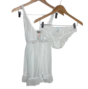 New Victoria's Secret White Blue Polka Dot Baby Doll Panty Set Women Size M - Picture 1 of 9