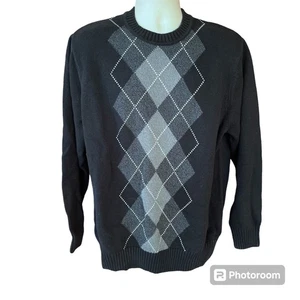 Dockers Knit Crewneck Argyle Sweater Pullover Sweater Black Gray Mens XL Cotton - Picture 1 of 7