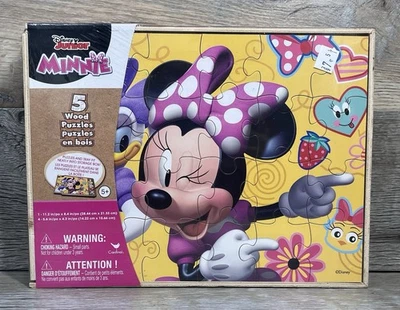 Disney Junior MINNIE MOUSE Wooden Jigsaw Puzzels Box of 5 Assorted NEW/SEALED - Image 1 of 4