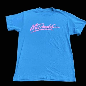 Vintage 80s McDonalds Script Single Stitch Tee Blue Pink T Shirt M L 42 Chest - Picture 1 of 7